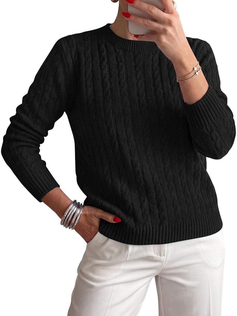 🆕 Women's Black Long Sleeve Crewneck Cable Knit Cozy Warm Pullover Sweater